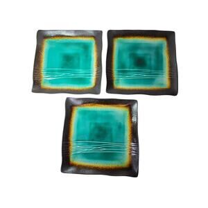 BAUM Galaxy Jade Brown Green Square Scallop Edged Heavy Stoneware Plates Set/ 3